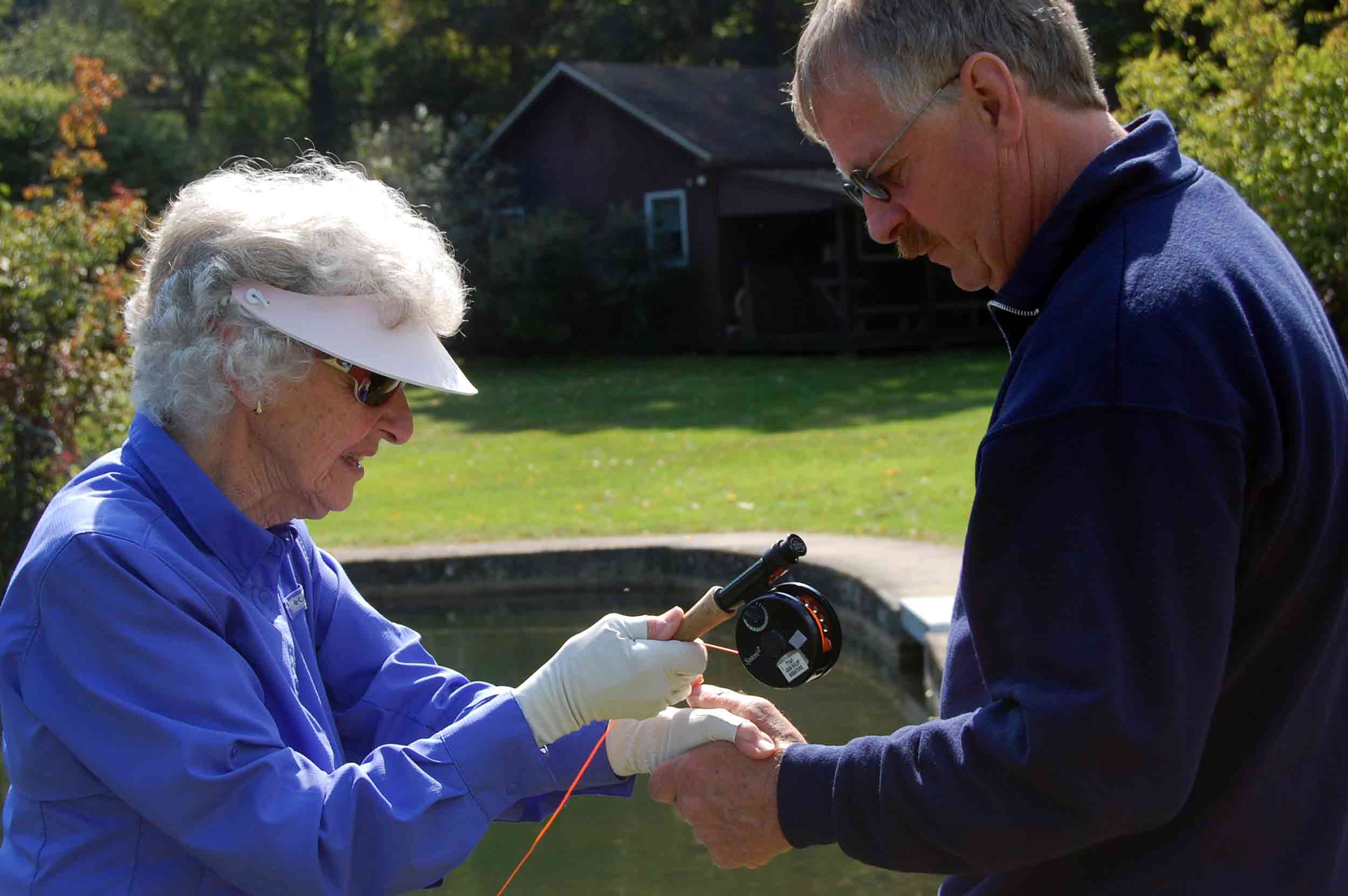 Joan Wulff fly casting with student, photo by Mike Hosier